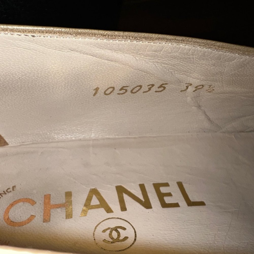 CHANEL vtg Tan Leather Flats Black Cap Toes Box Dustbag COUPE' MONTE' FINI MAIN - Picture 5 of 7